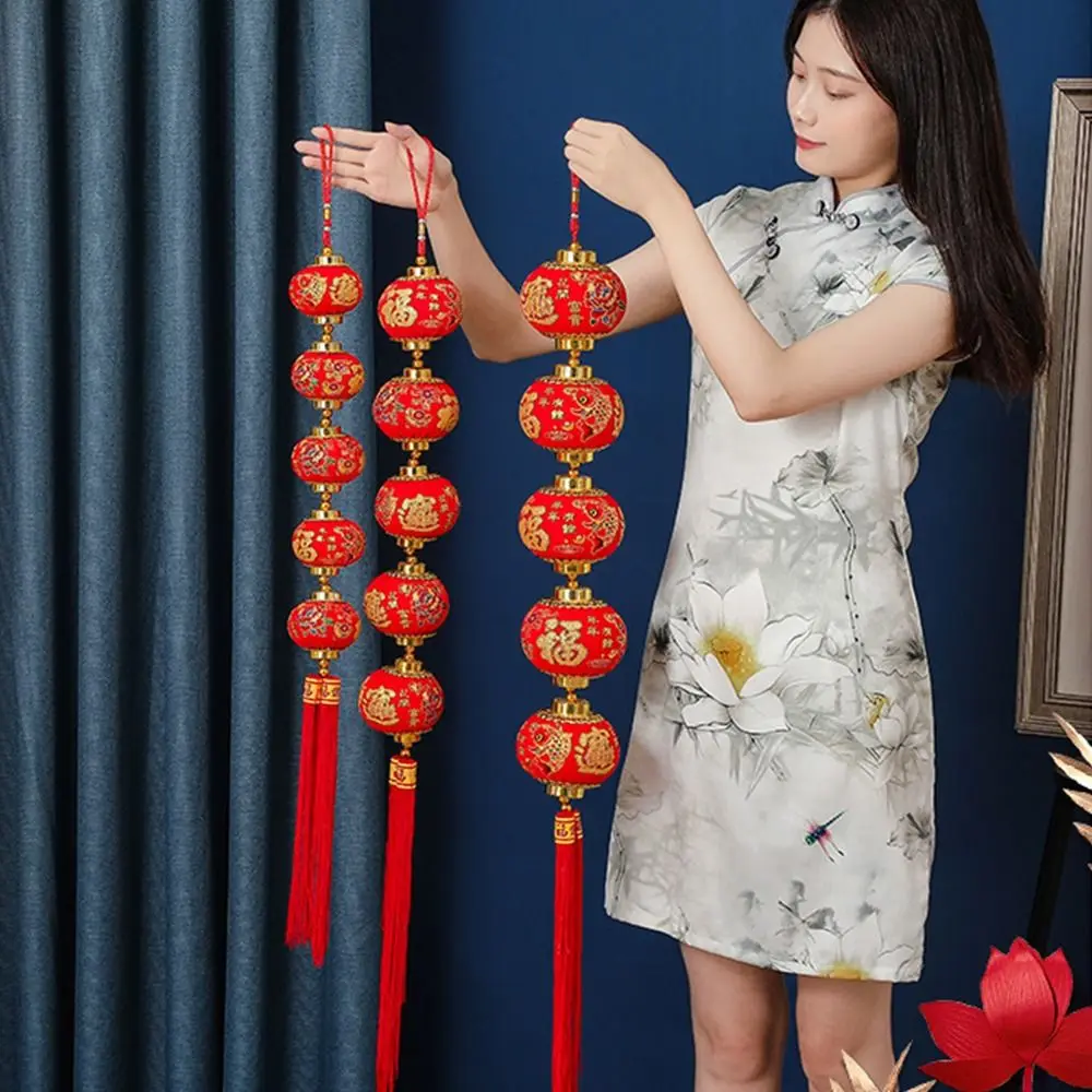 Hanging New Year Red Lantern Hangings with Tassels Red Ball Lantern String Chinese Style Handmade Decorative Ball String