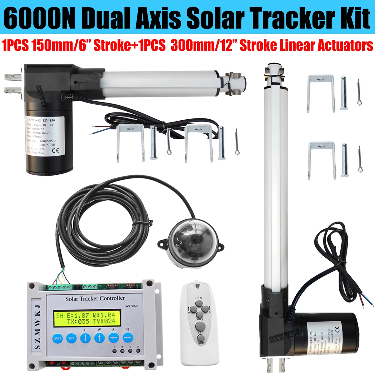 Auto-Tracking Dual Axis LCD Solar Tracker Controller &2PCS 6000N Linear Actuators DIY PV Solar Panel Sunlight Tracking System