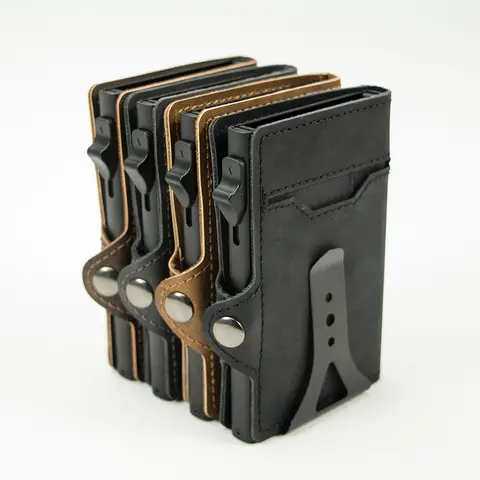CASEKEY 최고급 미니멀리스트 가죽 현금 클립 지갑, RFID NFC 보호 팝업 금속 카드홀더 케이스 지갑 가방