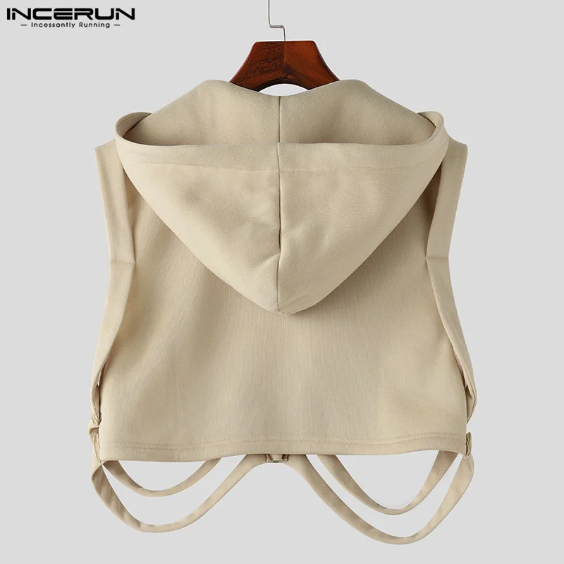 Fashion Casual Style Tops INCERUN New Men\'s Funny Bone Deconstruction Design Vests Personality Solid Hooded Waistcoat S-5XL 2024