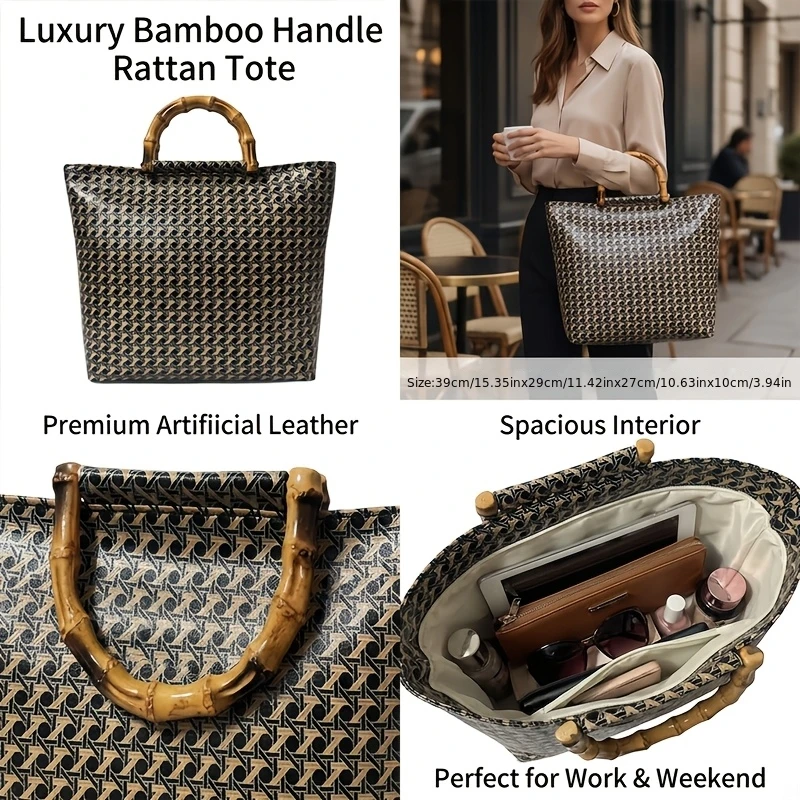 

Retro Houndstooth Tote Bag for Women, Imitation Bamboo Handle Shiny Printed Handbag, Large Capacity Commuter Shoulder Bag