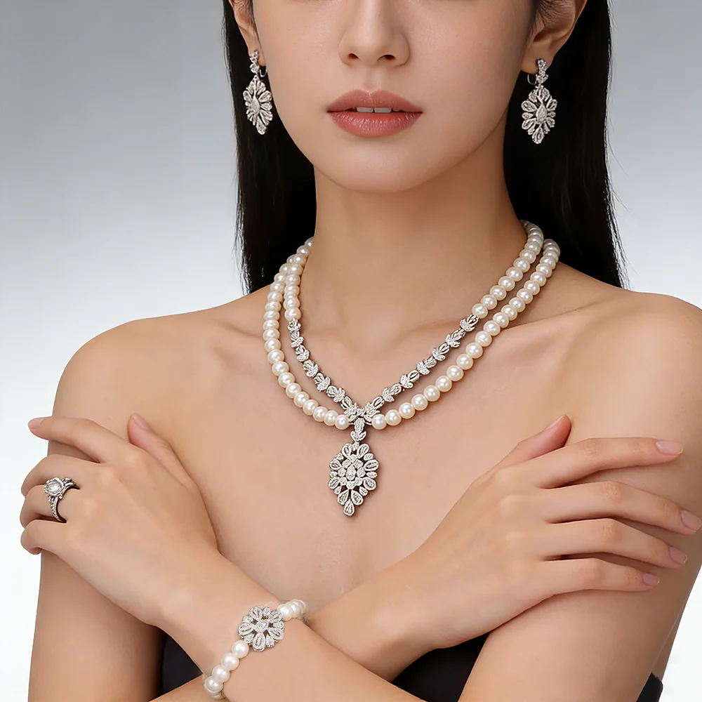 

2023 Новый стиль, роскошное двухслойное жемчужное ожерелье с кубическим цирконием, комплект ювелирных изделий из 4 предметов, свадебное колье для невесты в Дубае, аксессуары