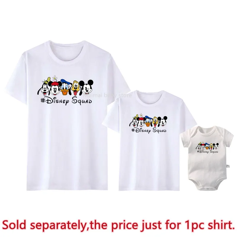 New 2025 Disney Squad Print Family Matching Shirts Cotton Dad Mom Kids Tshirt Baby Rompers Mickey Ears Family Look Outfits Gifts