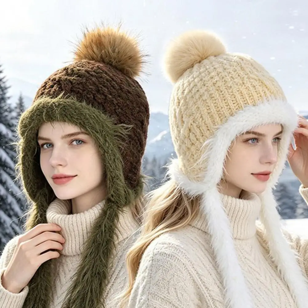 Outdoor Cycling Winter Hat Women’s Knitted Earflap Hat with Fuzzy Trim Soft Warm Winter Pompom Outdoor Cycling for Women