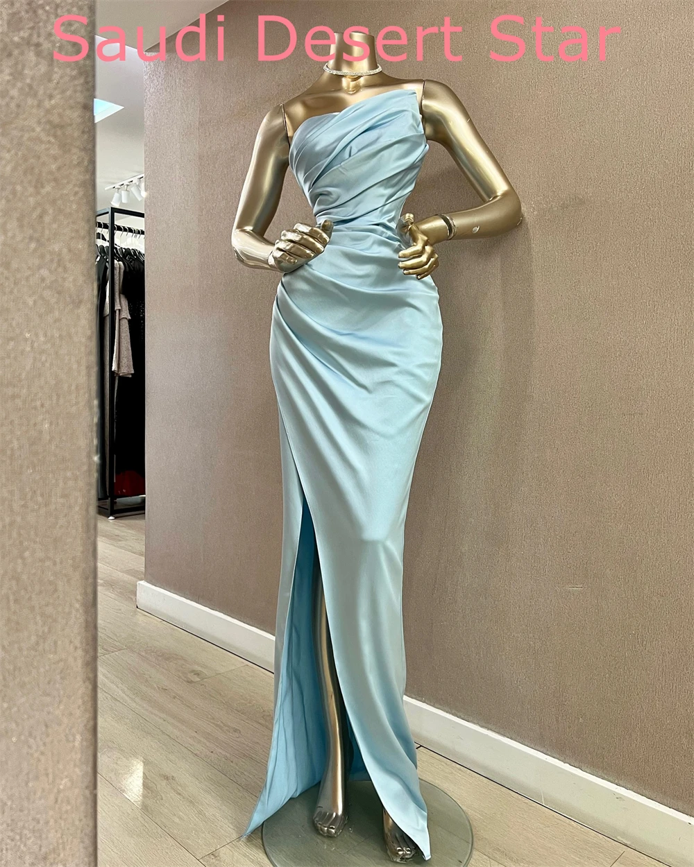 customizedCustomized Mermaid Simple Blue Satin Evening Dress Modern Strapless Sleeveless Party Dress Fashion Floor Length Celebr