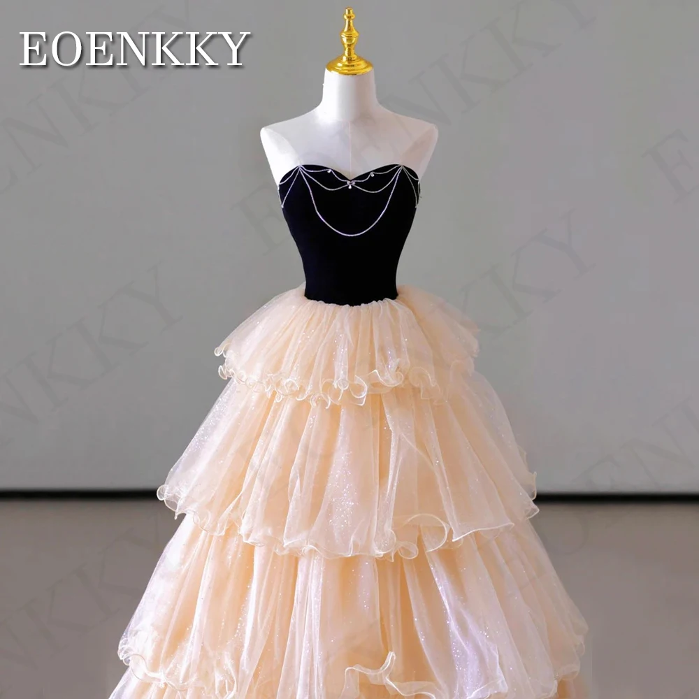 Elegante abito da ballo senza spalline principessa Tulle scintillante A strati una linea abito per occasioni formali abiti senza schienale de soirée scollo A cuore Elegante abito da ballo senza spalline da principessa