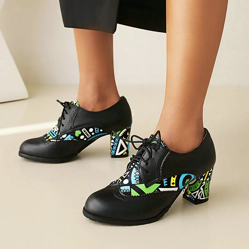 Spring Autumn Women's Single Shoes Female Lace Up Casual Thick Heel Woman Shoes Retro Color Matching Ladies Leather Shoes 34-43