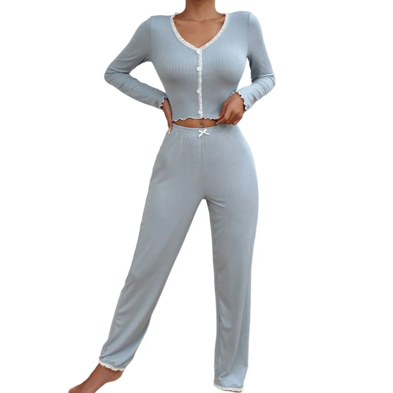 New European and American home wear pajamas long sleeve trousers slim sexy lace double long suit