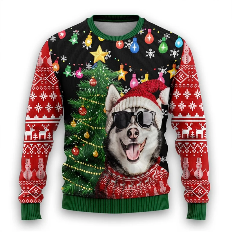 Funny Mens Pet Ugly Sweater Xmas Holiday Crew Neck Sweatshirt Christmas Tree Sunglasses Dog Pullovers Husky Border Collie Tops