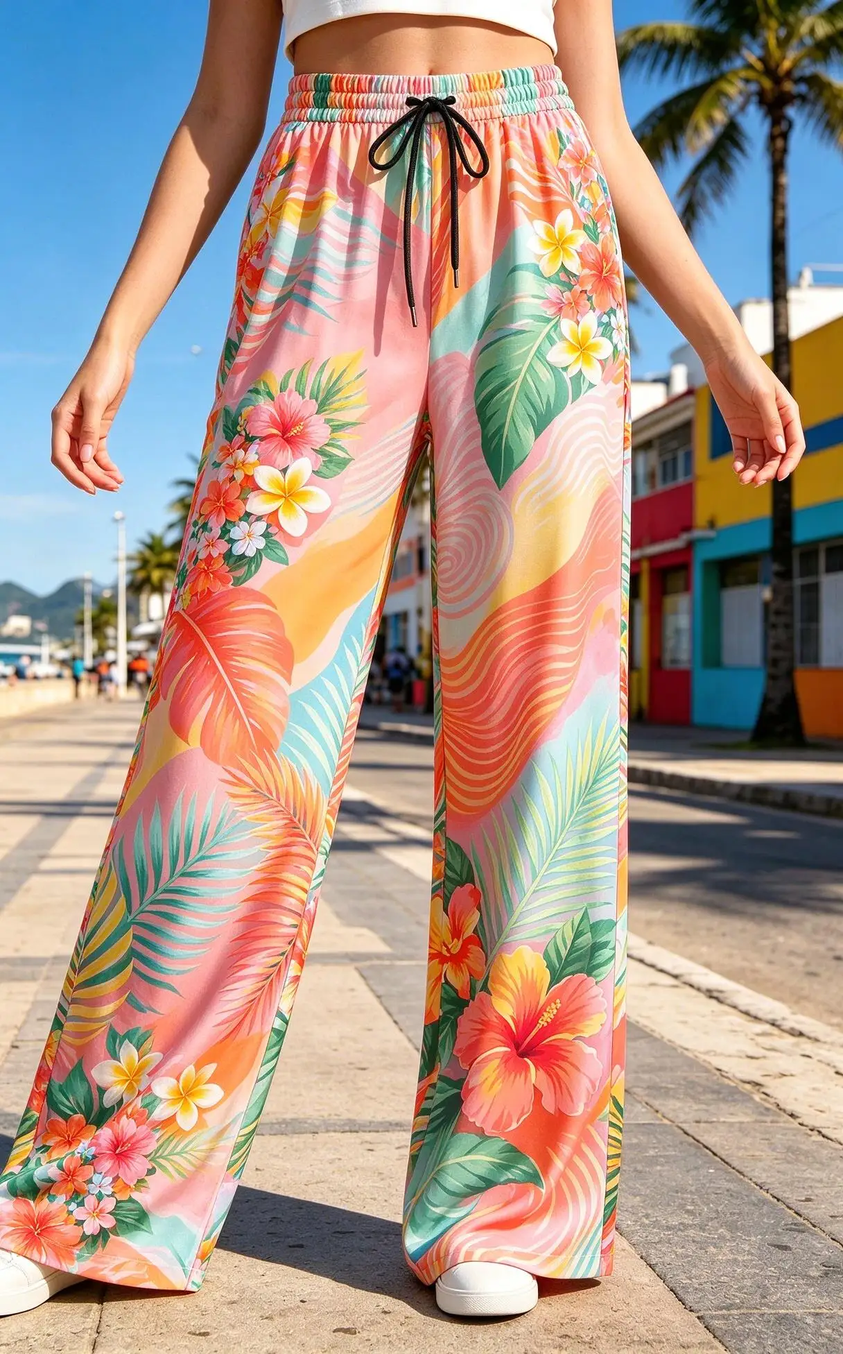 Women Drawstring Wide Leg Pants Tropical Palm Leaf Hibiscus Color Block Print Loose Casual Trousers