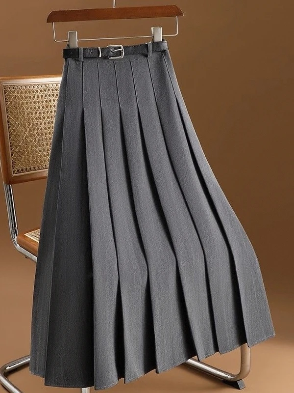 

ay Suit Sle Midi Skirt Women's Spring Autumn New Retro Slim A-Line Long Skirt Ele Casual Pleated Skirt High Waist