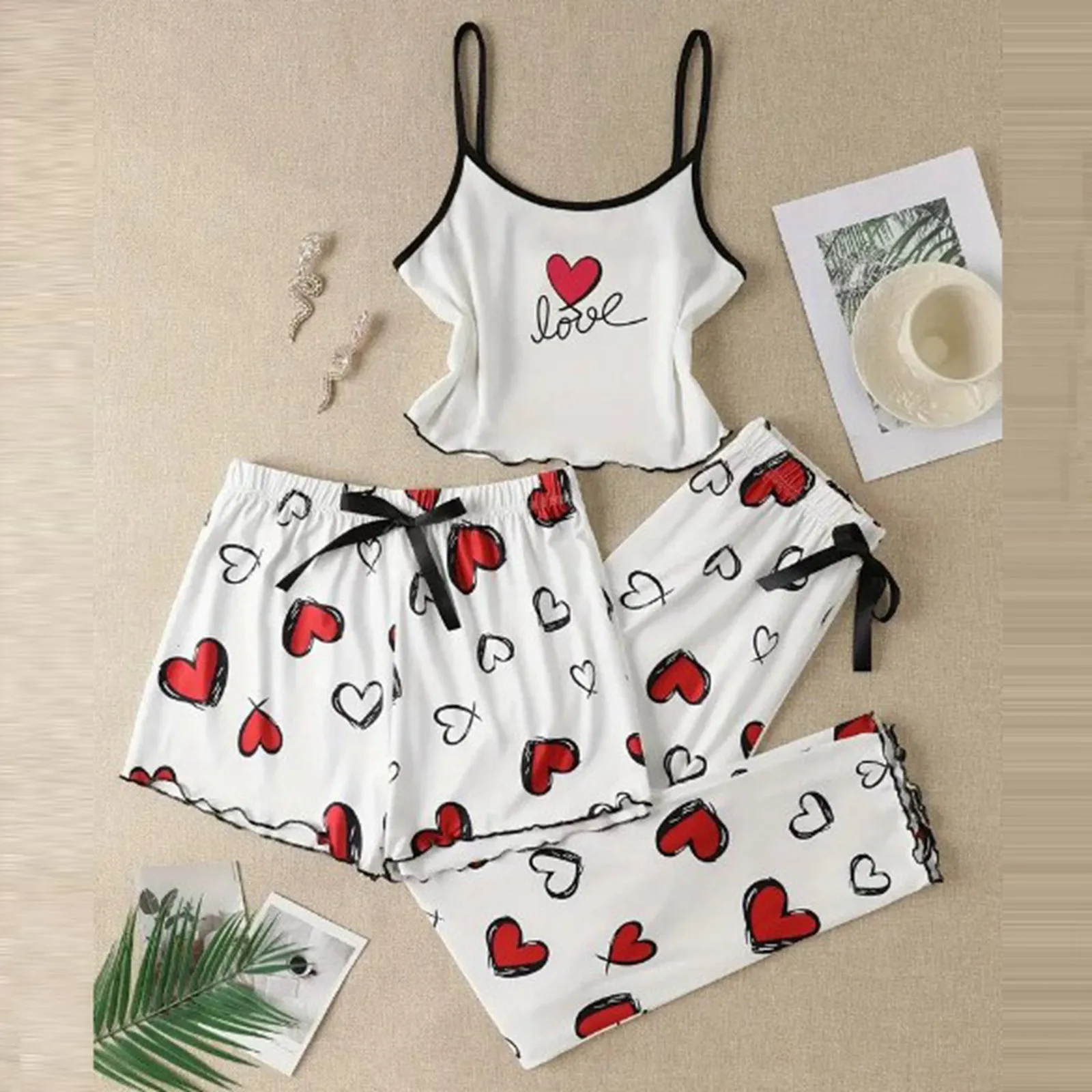 Women's 3 Piece Summer New Letter Eyelash Print Strap Top and Bow Decoration Shorts Women's Sexy Home Pajama Set