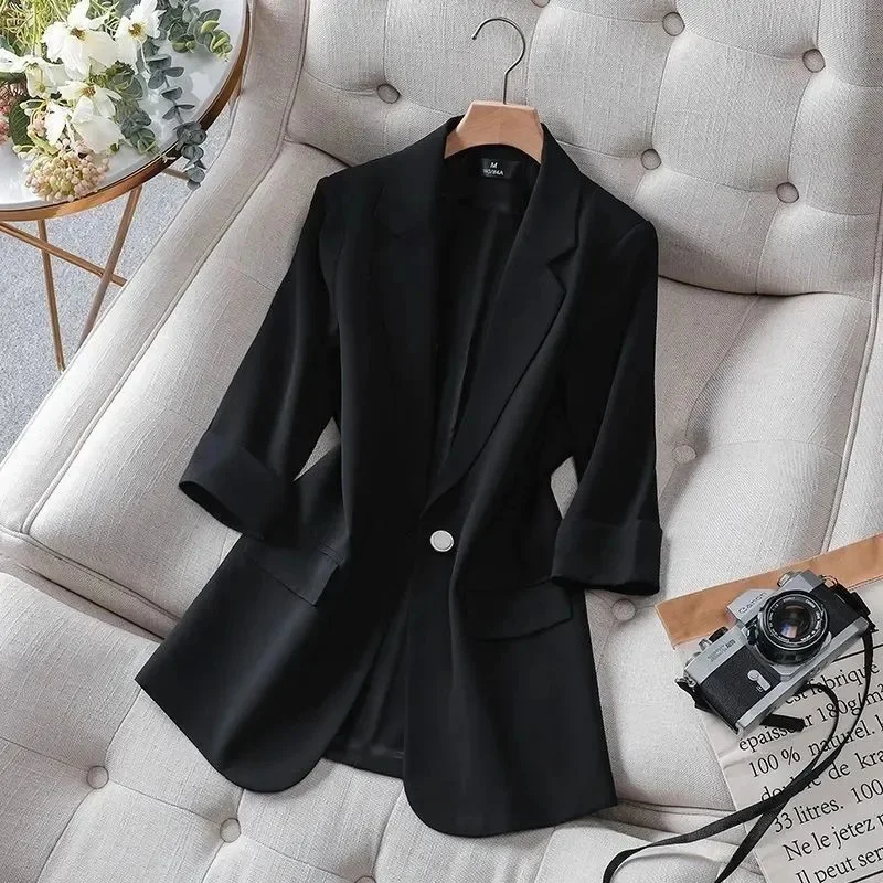 2025 Summer Women's Clothes Suit Women's Jacket Seven-Minute Sleeve New Clothing Blazer Solid Office Lady OL Elegant Casual Coat