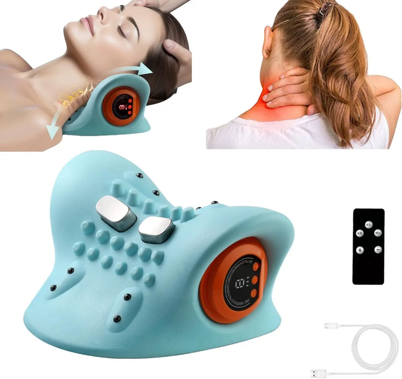 Un coussin de massage pour le cou, avec 6 niveaux d'intensité de massage, fonction de chauffage pulsé et boules de massage ; Bleu.