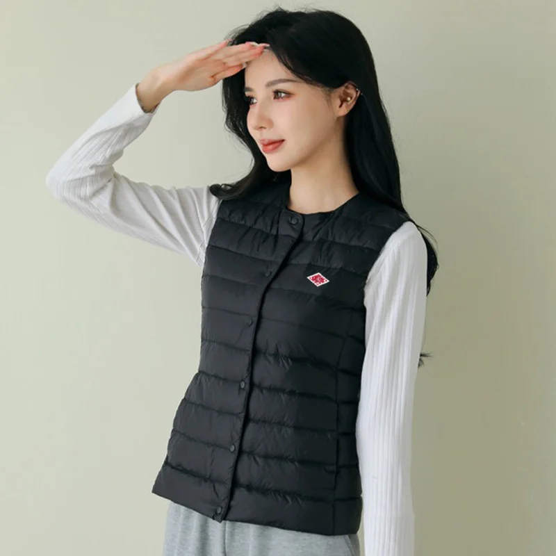 

Lightweight Padded Zipper Quality Round Vest Pure Color Autumn Winter New Embroidered Logo Japanese Warmth Slim Fit Women's Vest