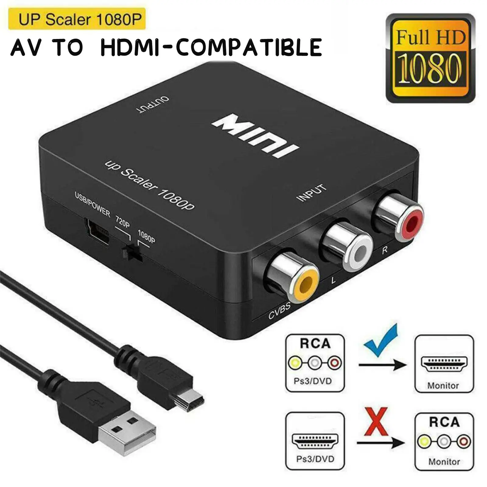 RCA AV To HDMI-compatible CVSB L/R VideoAdapter HDMI-compatible To RCA Converter AV/CVSB L/R Video Box  Composite Converter Box