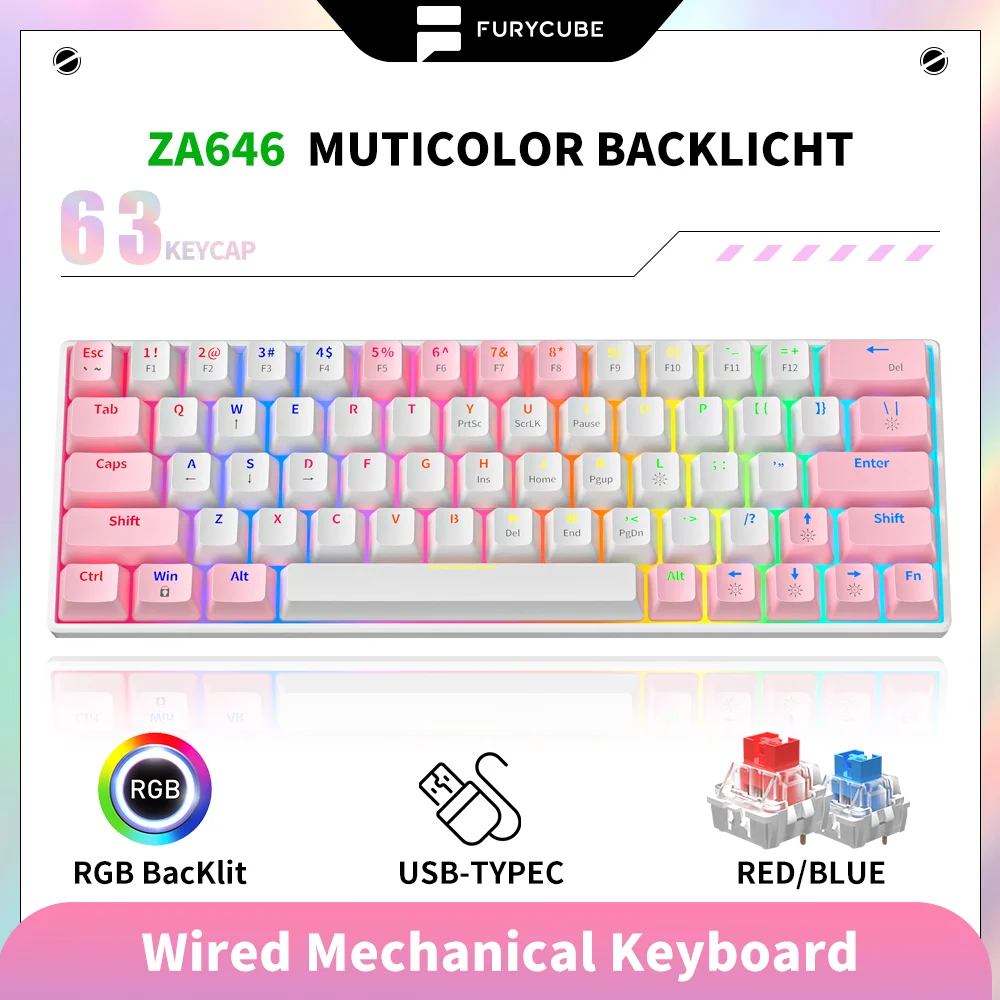 

FURYCUBE ZA646 63 Keys Mechanical Keyboard Mini 60% Gaming Red Blue Switch Hot Swappable USB Type-C rainbow RGB Light Pink White