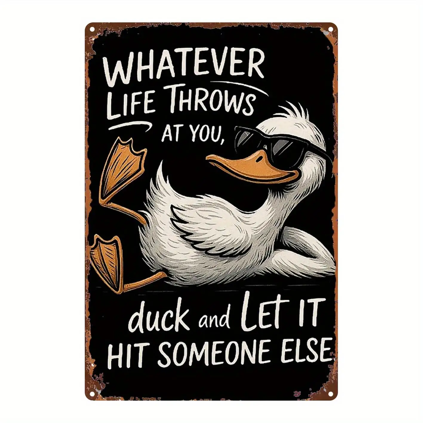 Funny Duck Metal Sign with Sunglasses, 1 Pack 2D Flat Retro Humor Wall Decor, Heavy-Duty Iron Plaque for Home Office Gym Man Cav