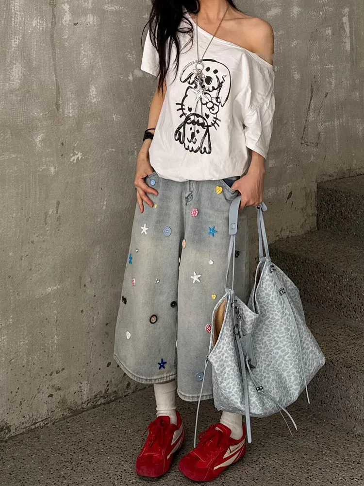 

American Style Spicy Girl Button Decorated Jeans Women's Summer Wash Loose Lazy Straight Leg Wide Leg Mid-Pant