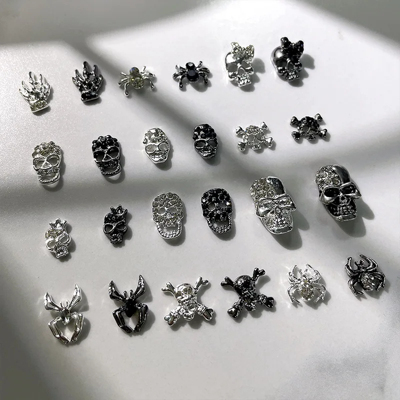 10PCS Luxury Holloween Nail Rhinestones Dark Spider Cross Skull Head Gun Black Silver Gems Inlaid Alloy Decor Manicure Charms