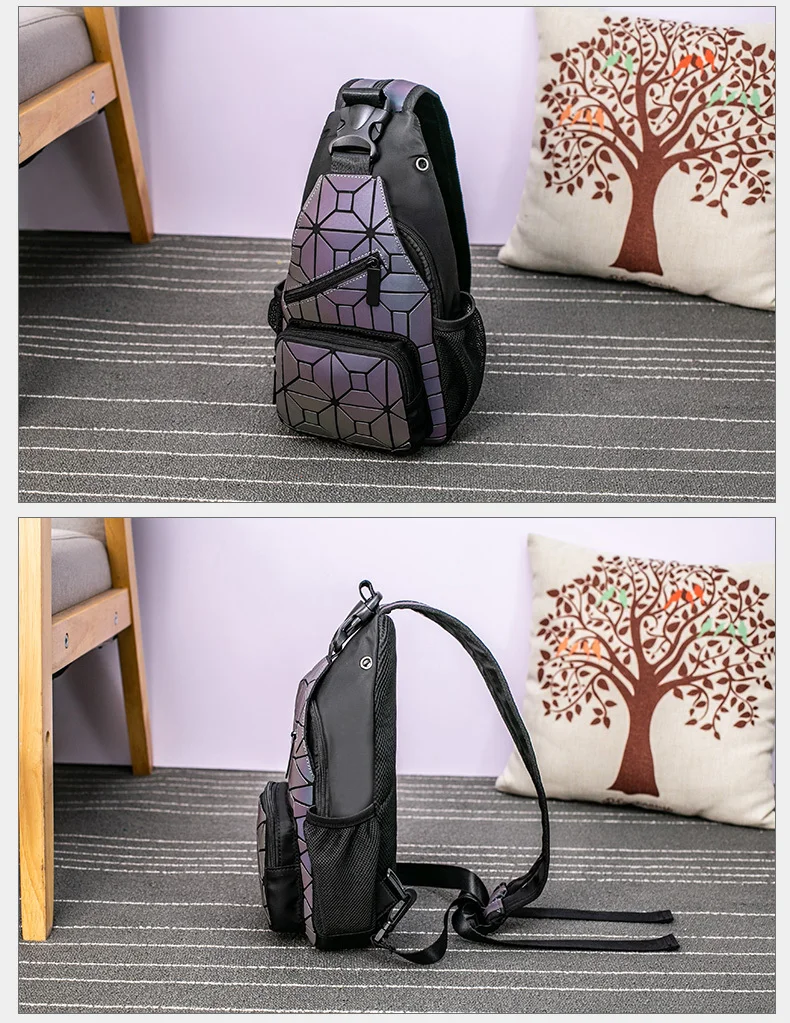 Geometrischer leuchtender Rucksack, holografische reflektierende Tasche, Damen-Umhängetasche mit großem Fassungsvermögen – Detail 7