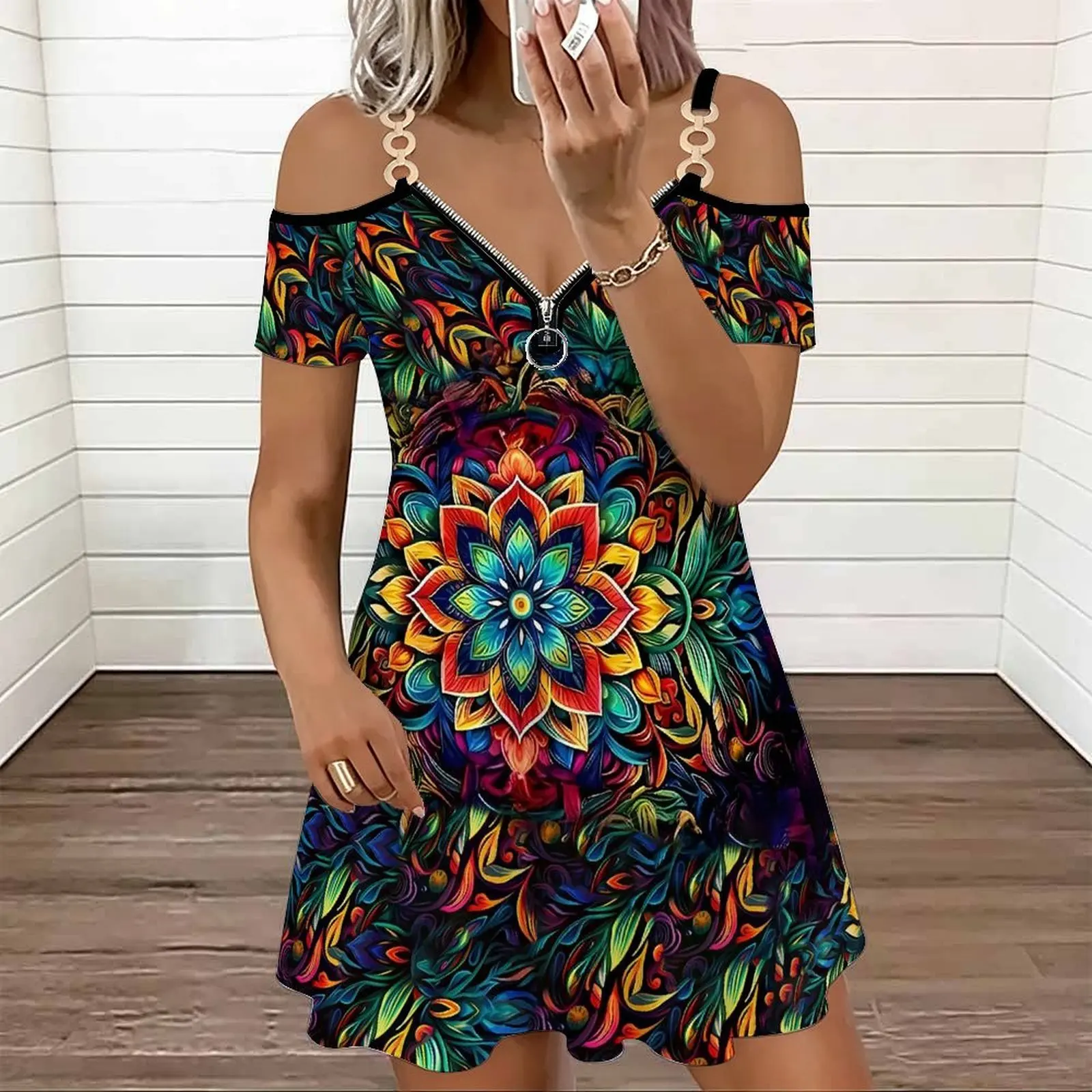 Retro Fashion Cold‑shoulder Double Strap V‑neck Zipper Ladies Mini Skirt Spring Summer Casual Dress Beach Vacation Party Dress