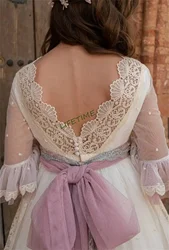 Communion Dress Girl with Half Sleeved Long Steam Skirt Square Neckline Elegant Retro Pattern Embroidery Bow Minibride