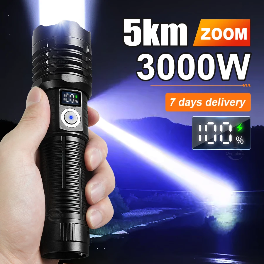 Super Powerful Flashlights 3000W White Laser Long Range Focus 5km Ultra Powerful Flashlight Tactical Self Defense Hunting Torch