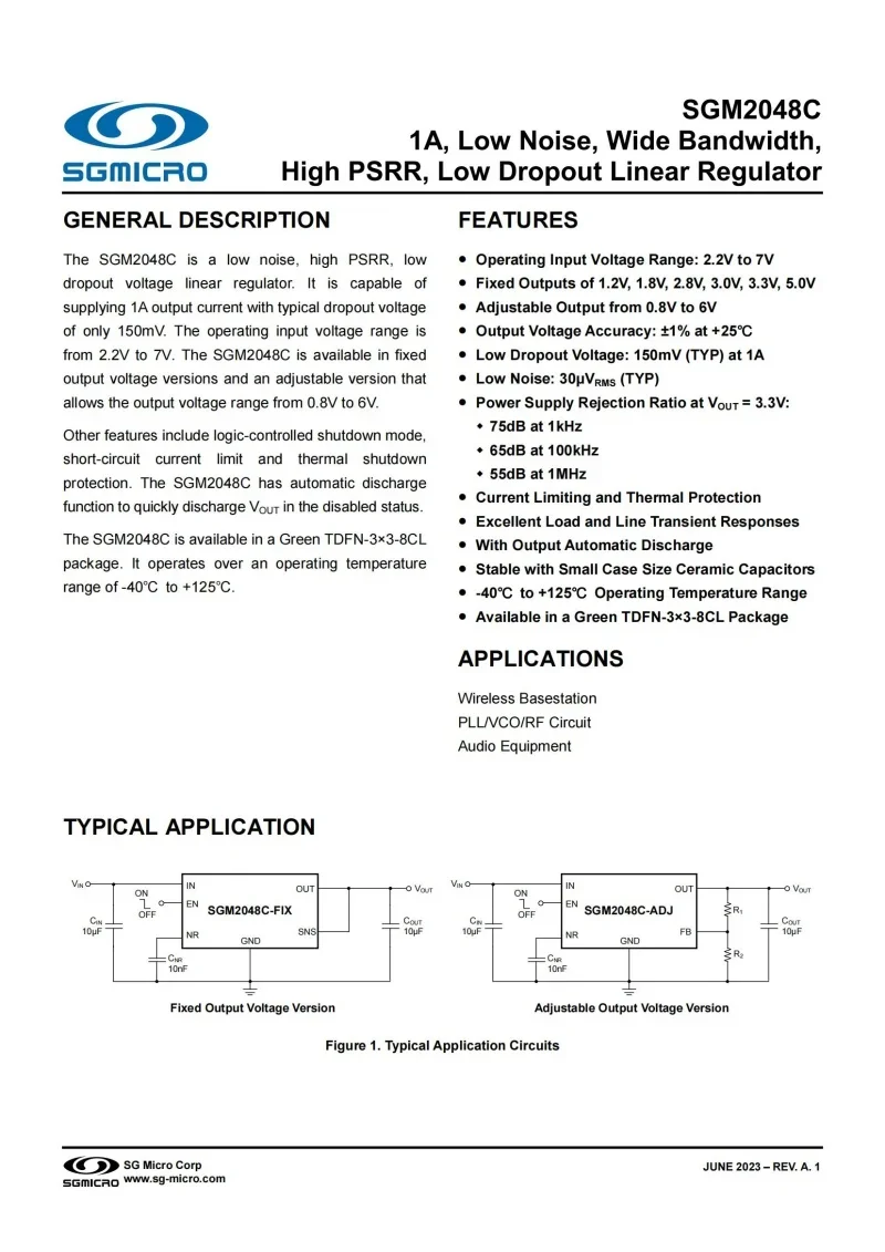 10Pcs SGM2048C-3.3XTEK8G/TR TDFN-8,Fixed output voltage 3.3V,1A,Low Noise,Wide Bandwidth,High PSRR,Low Dropout Linear Regulator