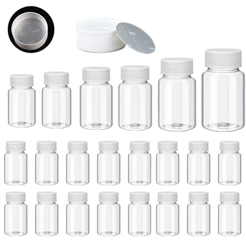 30 Uds 15/20/30/50/60/80/100ml botellas de plástico recargables para pastillas con tapas selladas Mini contenedores de almacenamiento para cápsulas de cuentas de líquido