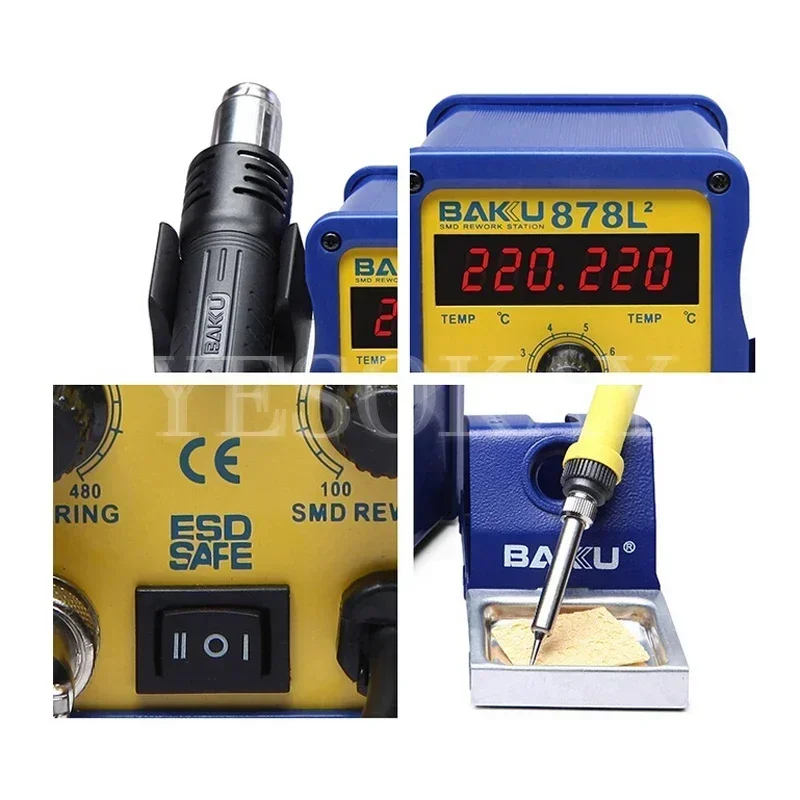 BK-878L2 Led Digital Display SMD Brushless Hot Air Rework Station + Soldering Iron and Heat Gun for Cell Phone Repair 1pc