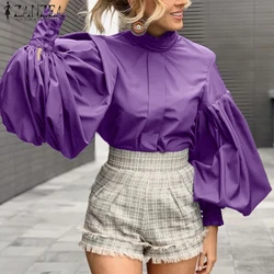 Zanzea moda camisas e blusas para mulheres roxo topos 2024 elegante manga longa lanterna outono cor sólida chique blusa oversized