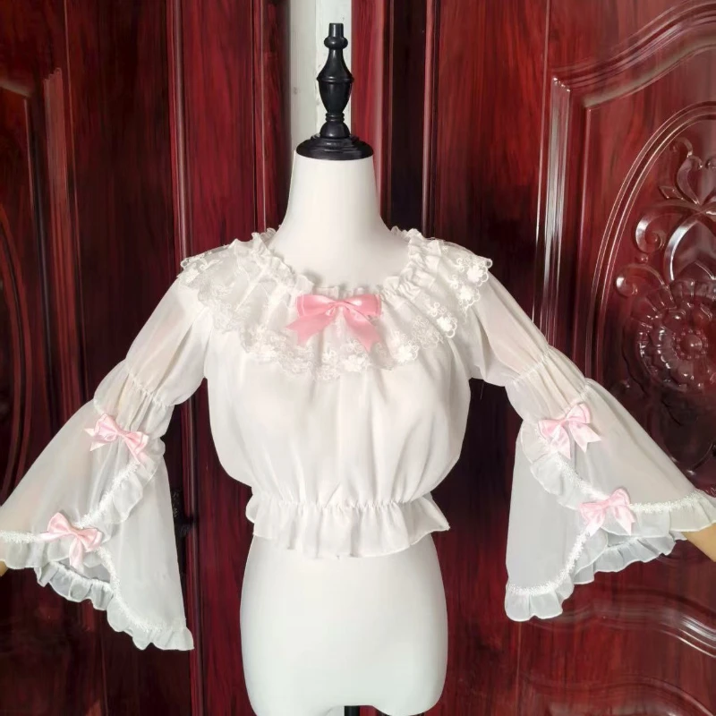 

Japanese Kawaii Lolita Lace Shirt Women Sweet Ruffles O Neck Bow Flare Sleeve Chiffon Blouses Preppy Style Cosplay Y2k Cute Tops