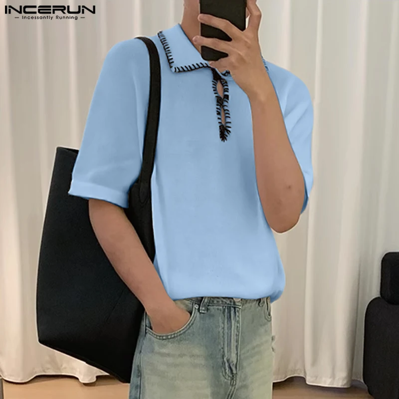 

Handsome Well Fitting Tops INCERUN New Mens Line Design Contrast Color Shirts Summer Streetwear Short Sleeved Lapel Blouse S-5XL