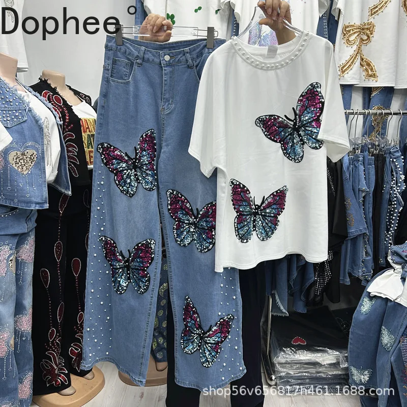 

Fashionable Jeans for Lady 2025 New Autumn Beads Sequins Butterfly Loose Short Sleeve T-shirt Top + High Waist Wide Leg Jeans