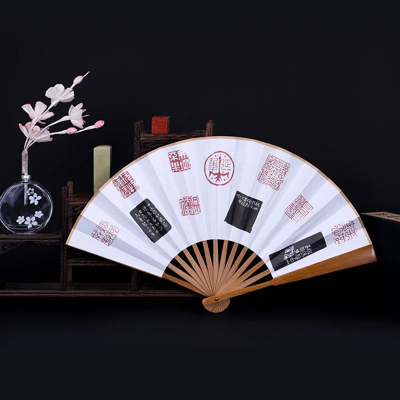 8 inches Traditional Chinese Hand Fan - Bamboo Frame, Ink Seal Art for Home Decor & Collection