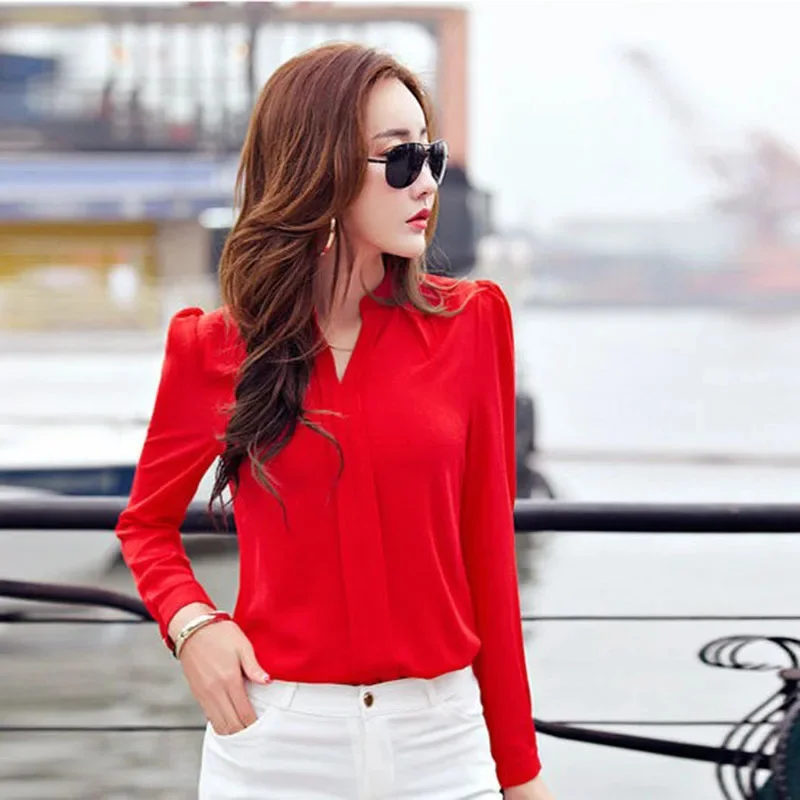 Long Sleeve Shirt Women Autumn Clothing Fashion Slim Blouse V Neck Korean Elegant Ladies Office Shirts White Red