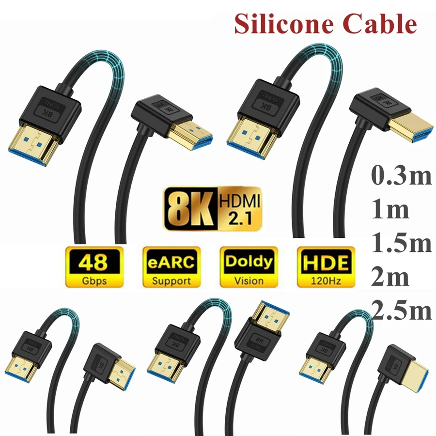 Silicone HDMI Compatible 2.1 Version Cable Elbow Flexible Thin Wire Supports 10K 96Hz Resolution 8K 60Hz Compatible 4K 240HZ