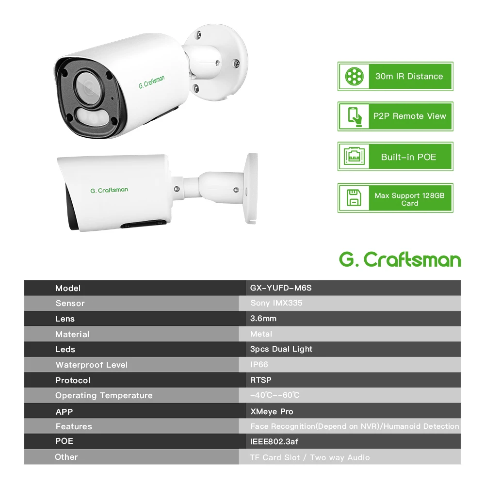 G.Craftsman POE IP Camera,SO-NY IMX335 Sensor, Dual Light Source and Dual Voice Waterproof CCTV Surveillance Security XMEYE