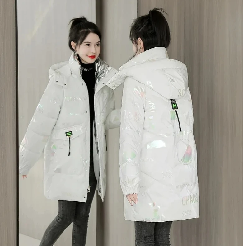 

2025 New Women's Glossy Cotton Jacket, Korean Style Medium Long Loose Winter Coat, Thickened Warm Hooded Parka Overcoat