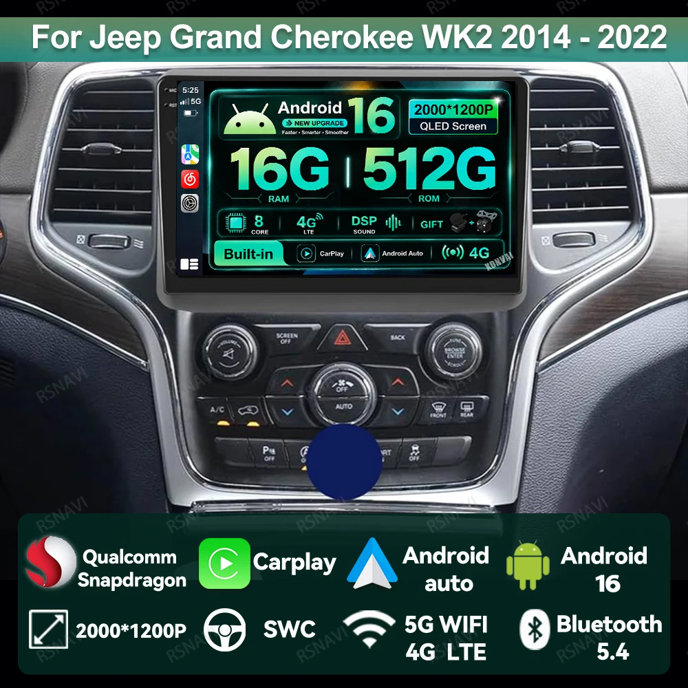 Radio para Auto Android 16 para Jeep Grand Cherokee WK2 2014 - 2022 BT QLED DSP Unidad Principal GPS Carplay Inalámbrico Auto DVD Navegación