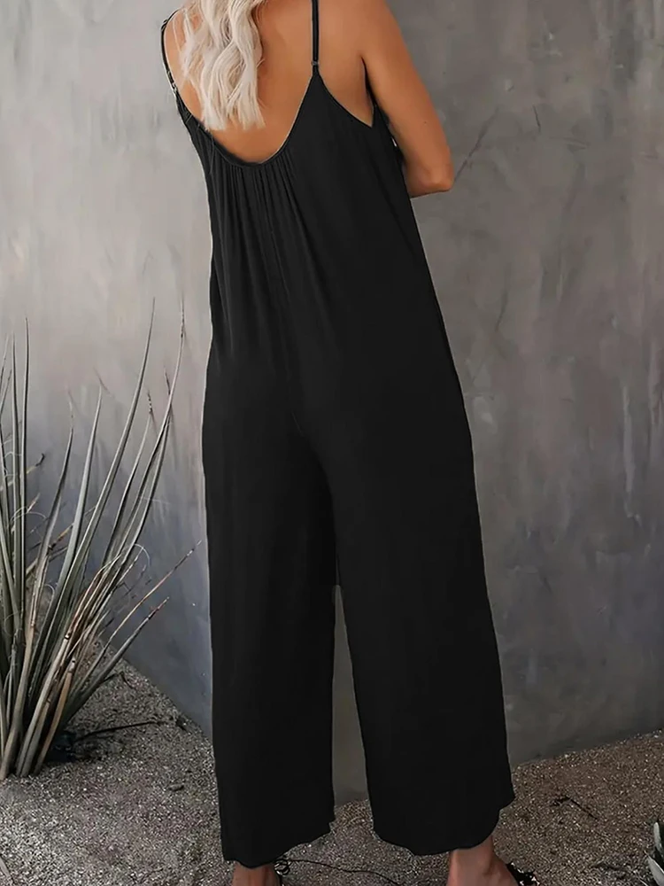 LW Casual Backless Long Jumpsuitสําหรับผู้หญิงแขนกุด 2025 ฤดูร้อนสีดํากางเกงขากว้างผู้หญิงความยาวเต็มRomper Playsuit