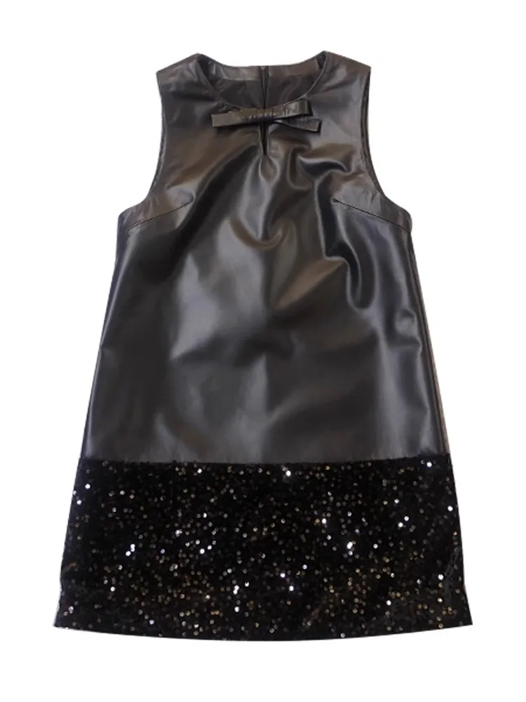 ผู้หญิงแฟชั่นของแท้หนัง O-คอ Bowknot Patchwork Sequined Elegant Party สุภาพสตรี A-Line Tank ชุดเดรสสั้น