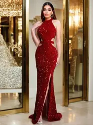 Bare Shoulder Hollow Out Celebrity Dress High Neck Sexy Split Sequin Stretch Elegant Evening Party Customized Cocktail Prom Gown