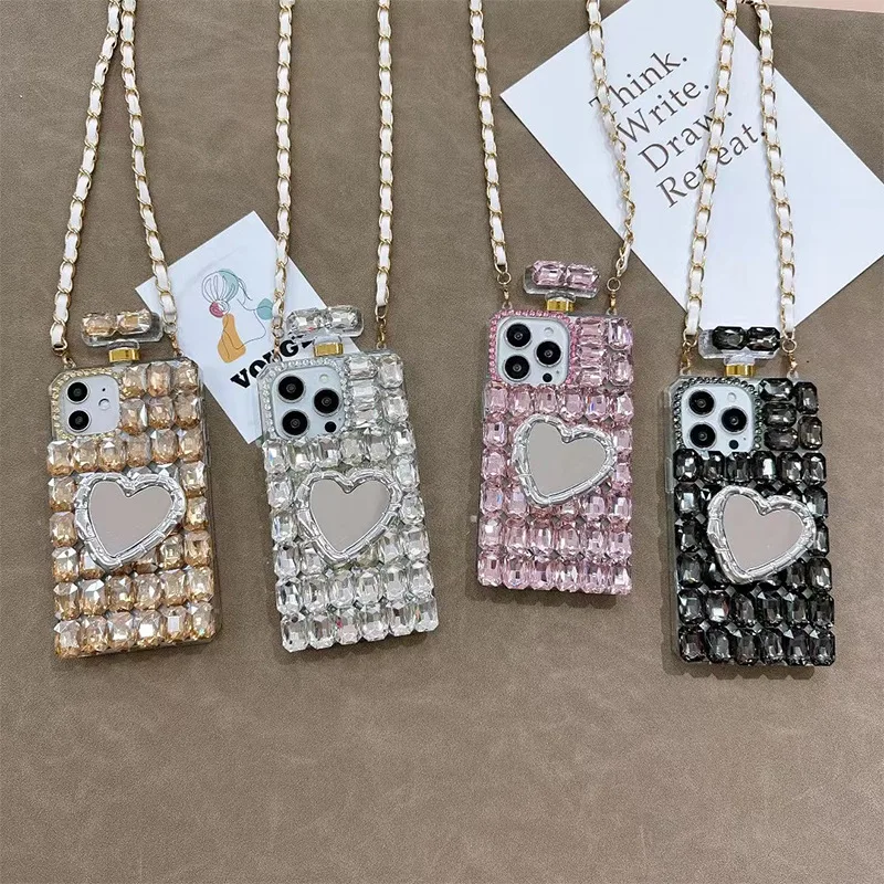 Bling 3D Love Heart Perfume Bottle Rhinestone Case For Iphone 16 15 14 12 11 13 Pro Max Xs Xr Plus DIY Long Strap Diamond Cover