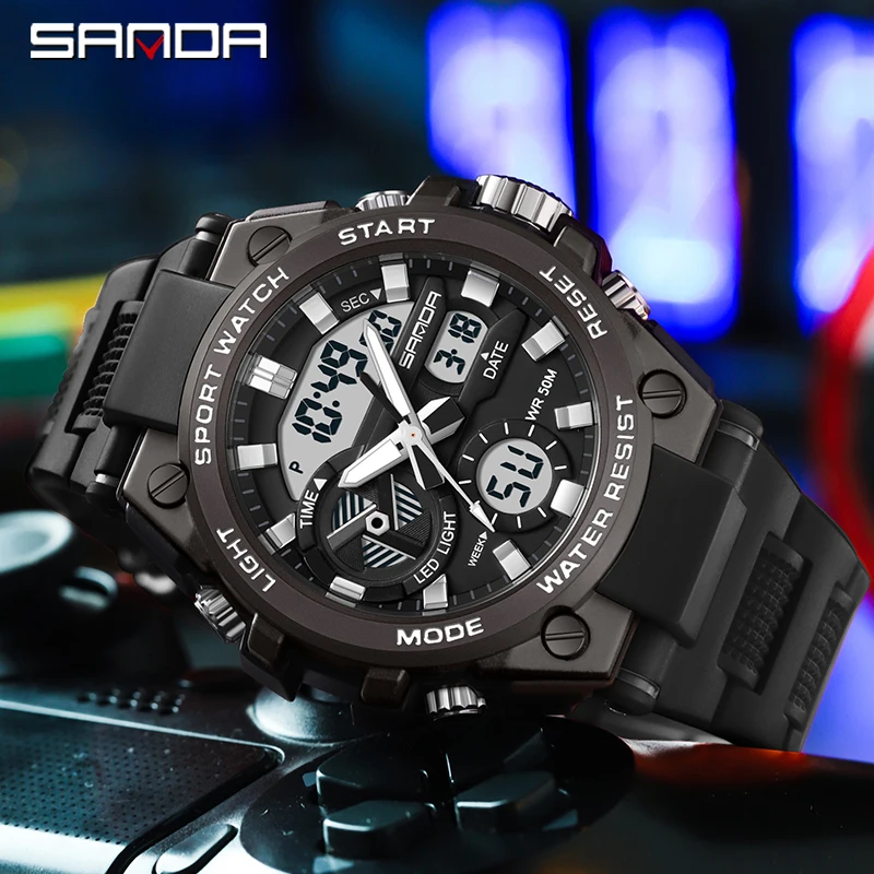 SAMDA New Fashion Military Sport Style Watches For Men 50M Waterproof Alarm Clock Dual Display Quartz Male Wristwatch Man Watch