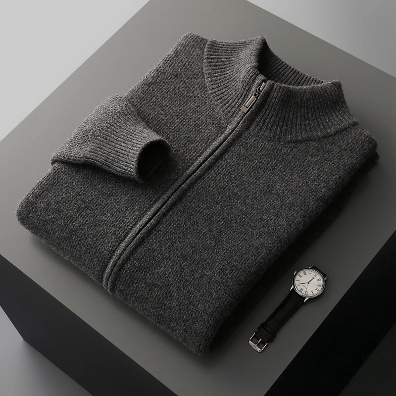 الخريف والشتاء 100% الصوف الخالص سترة الرجال الوقوف طوق سستة سترة سميكة الأعمال عادية الكشمير محبوك معطف #5