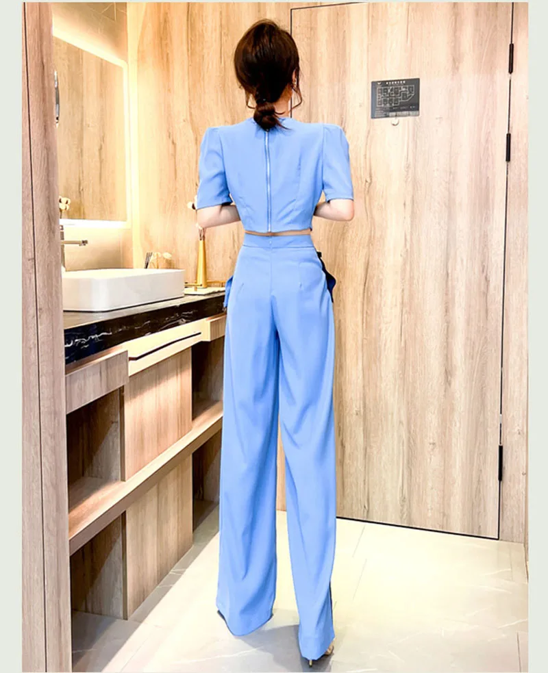 Women 2024 Summer Fashion Splice 2-Piece Set Female Asymmetric Contrast Color Business Suit Two-piece Temperament Wide Leg Pants