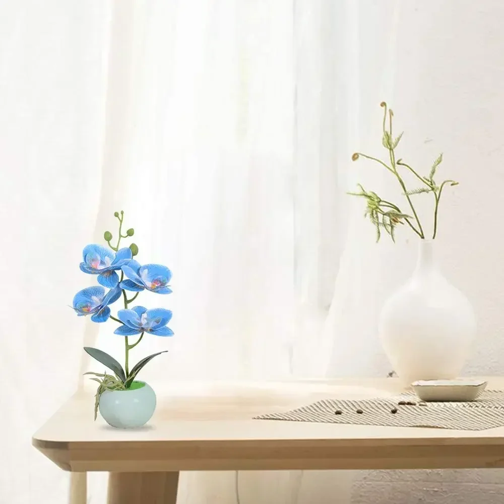 Artificial Bonsai Orchid Phalaenopsis Arrangements Flower with Ceramics Vase for Home Office Decoration (Blue)