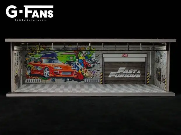 G-FANS models 1/64 Fast and Furious Garage scene model with light dust-proof display case